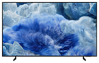 Samsung QLED TV แสดงภาพดีไซน์แบบนามธรรมสีฟ้าและขาวบนหน้าจอ
